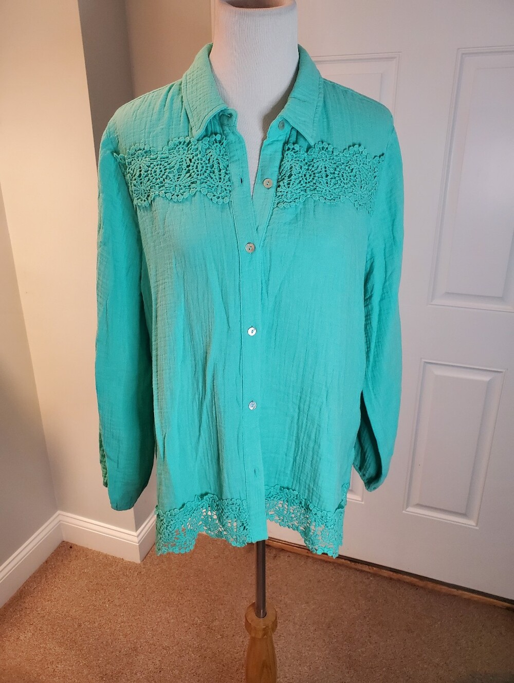 Susan Graver PURE Regular Cotton Gauze Button Front Tunic With Lace Trim